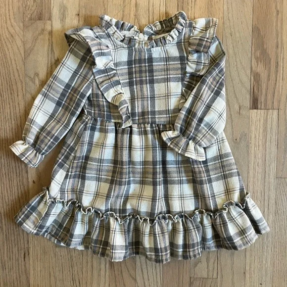 Rare edition girls 2T long sleeve plaid dress with ruffles cream gray brown - Picture 2 of 8